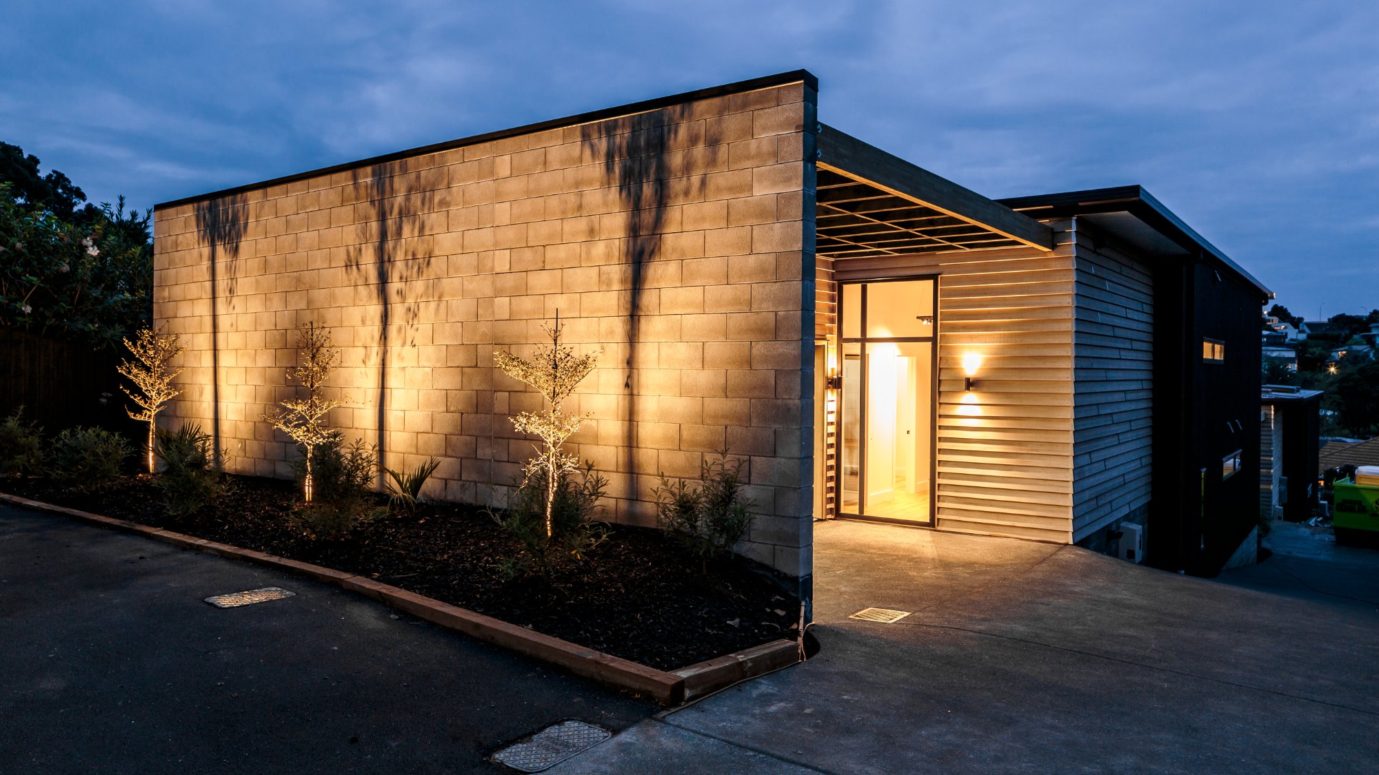 Tautari Street front entrance at dusk