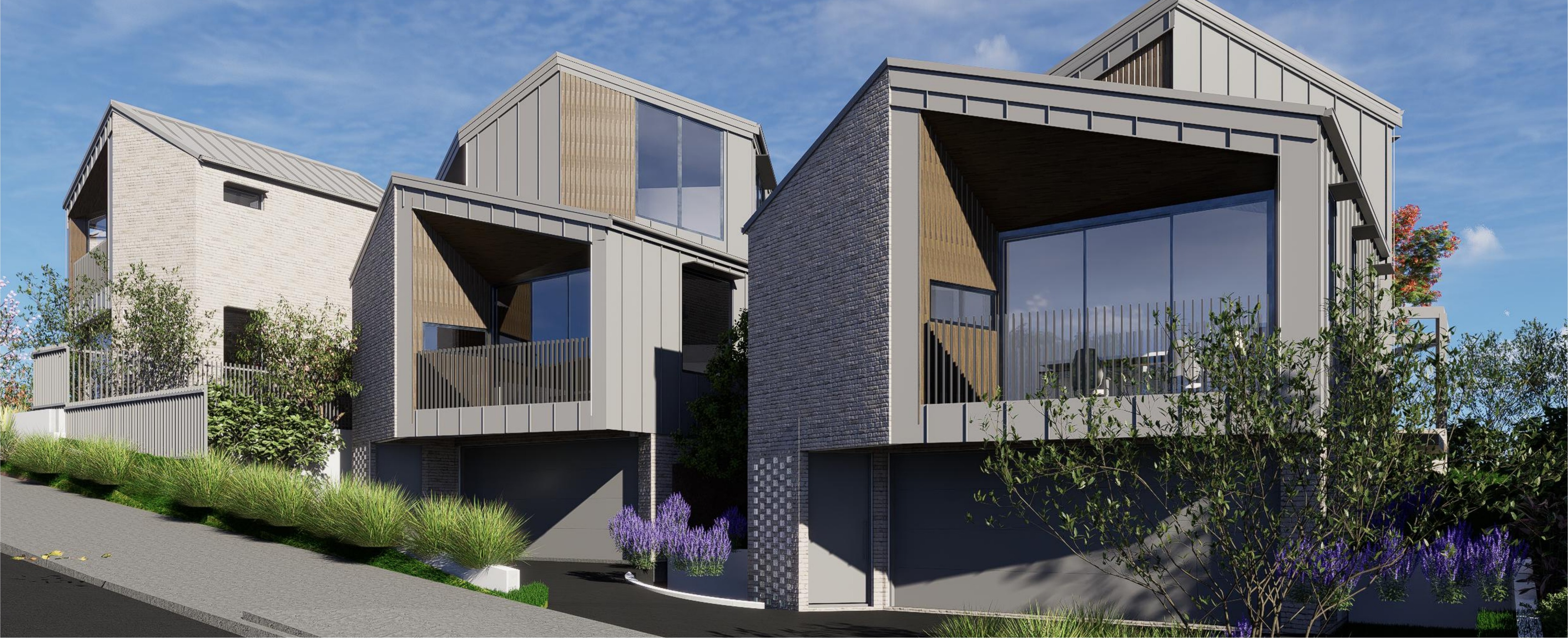 Tautari #2 — angled view of all three homes